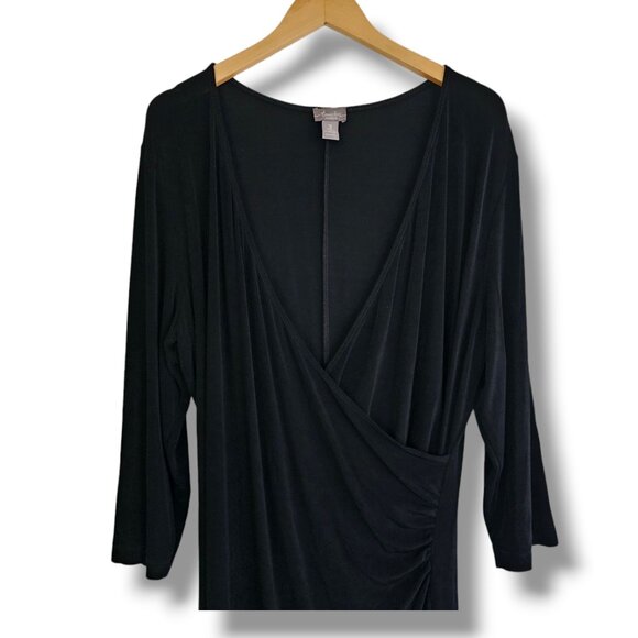 Chicos Travelers Black Faux Wrap Midi Dress 3/XL 3/4 Sleeve Slinky Stretch - Picture 5 of 7